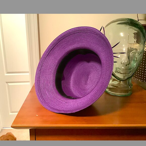 August Purple medium down-turn brim  hat with flowers & feather details on top main image 4